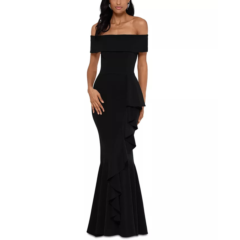 Betsy & Adam Off-The-Shoulder Mermaid Gown Black 16
